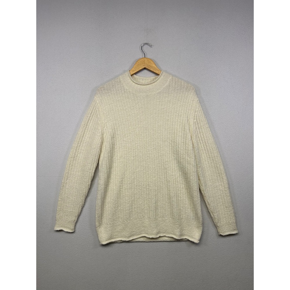 Minimalist L.L.Bean Womens M Cream Ribbed Mock Neck Wool Blend Sweater 515152